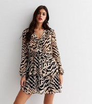 New Look Brown Zebra Print V Neck Long Sleeve Chiffon Mini Dress